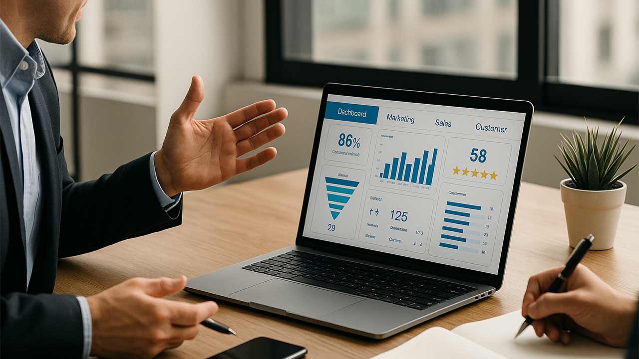 Gesch&auml;ftstreffen mit CRM-Dashboard zur Automatisierung und Leadgenerierung in der Zeitarbeit